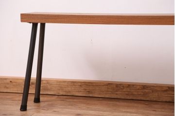 アンティーク家具　☆天板一枚板!古いケヤキ材の鉄脚ベンチ(長イス・長椅子)