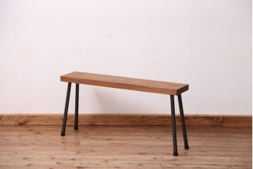 アンティーク家具　☆天板一枚板!古いケヤキ材の鉄脚ベンチ(長イス・長椅子)
