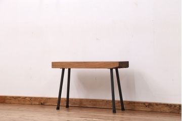 アンティーク家具　天板一枚板!古いケヤキ材の鉄脚ベンチ(長イス・長椅子)?
