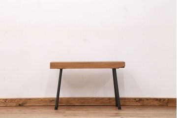 アンティーク家具　天板一枚板!古いケヤキ材の鉄脚ベンチ(長イス・長椅子)?