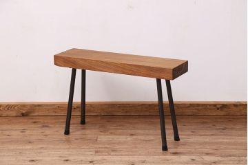 アンティーク家具　天板一枚板!古いケヤキ材の鉄脚ベンチ(長イス・長椅子)?