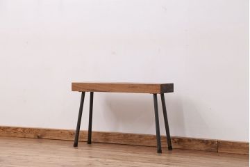 アンティーク家具　天板一枚板!古いケヤキ材の鉄脚ベンチ(長イス・長椅子)?