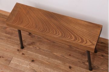 アンティーク家具　天板一枚板!古いケヤキ材の鉄脚ベンチ(長イス・長椅子)?
