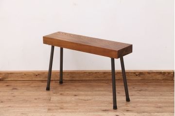 アンティーク家具　天板一枚板!古いケヤキ材の鉄脚ベンチ(長イス・長椅子)?