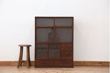美品!前面桑材の美しい結霜ガラス茶箪笥(収納棚・食器棚)