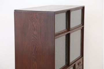 美品!前面桑材の美しい結霜ガラス茶箪笥(収納棚・食器棚)