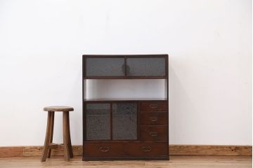 アンティーク家具　可愛いデザイン!古い栗材の結霜ガラス茶箪笥(収納棚)