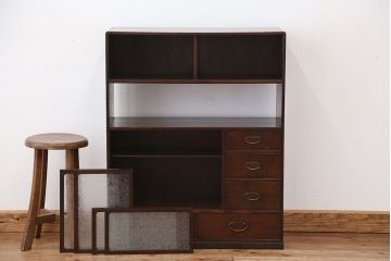 アンティーク家具　可愛いデザイン!古い栗材の結霜ガラス茶箪笥(収納棚)