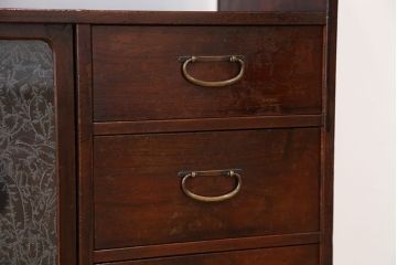 アンティーク家具　可愛いデザイン!古い栗材の結霜ガラス茶箪笥(収納棚)