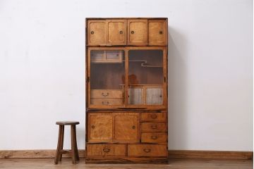 アンティーク家具　古いお家の上品な二段重ね茶箪笥(飾り棚・食器棚)