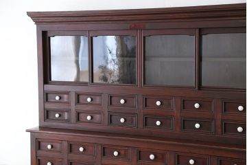 アンティーク家具　大正ロマン!味わい深い引き出し収納棚(ガラスケース、ドロワー、薬箪笥、百味箪笥)