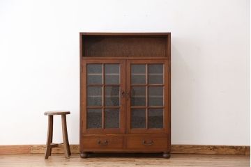 アンティーク家具　素敵なデザイン!古い洋館の結霜ガラス・ナラ材ブックケース(本箱、本棚)