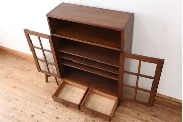 アンティーク家具　素敵なデザイン!古い洋館の結霜ガラス・ナラ材ブックケース(本箱、本棚)