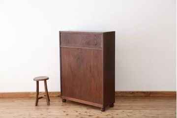 アンティーク家具　素敵なデザイン!古い洋館の結霜ガラス・ナラ材ブックケース(本箱、本棚)