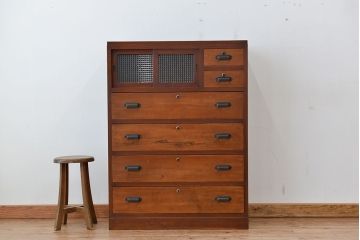 レトロ家具　昭和レトロ　チェッカーガラス引き戸のアンティークチェスト(引き出し)