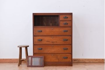 レトロ家具　昭和レトロ　チェッカーガラス引き戸のアンティークチェスト(引き出し)