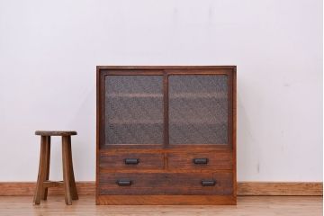 レトロ家具　昭和レトロ　古い木のダイヤガラス収納棚(食器棚)