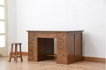 レトロ家具　アンティーク　昭和レトロ　レトロなデザインのシンプルな両袖机(テーブル、作業台)