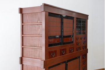 アンティーク家具　古民具・骨董　極上!美品!特別注文造り　前板玉杢・重厚な近江の六尺水屋箪笥(食器棚)