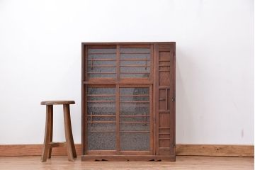 アンティーク家具　アンティーク　古い木の結霜ガラス収納棚(下駄箱)