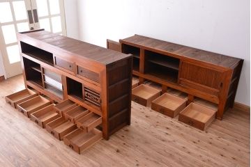 アンティーク家具　大正〜昭和初期　変わり型二段重ね水屋箪笥(食器棚、収納棚)