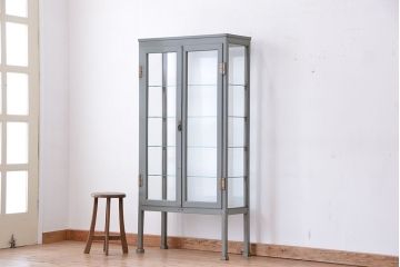 アンティーク家具　シンプルでクールな6面ガラスケビント(ブルーグレイ)(ショーケース)