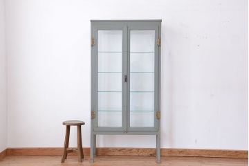 アンティーク家具　シンプルでクールな6面ガラスケビント(ブルーグレイ)(ショーケース)