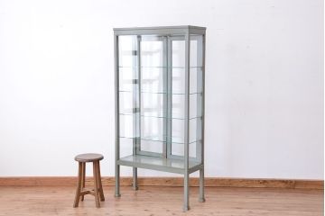 アンティーク家具　シンプルでクールな6面ガラスケビント(ブルーグレイ)(ショーケース)
