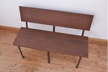 アンティーク家具　アンティーク　古材無垢材を使った背もたれ付シンプル長イス・ベンチ(長椅子)(中)(2)