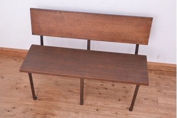 アンティーク家具　★古材無垢材を使った背もたれ付シンプル長イス・ベンチ(長椅子)(中)