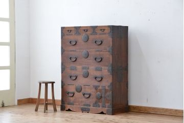 アンティーク家具　古民具・骨董　三方桜材!特別注文造りの重ね時代箪笥