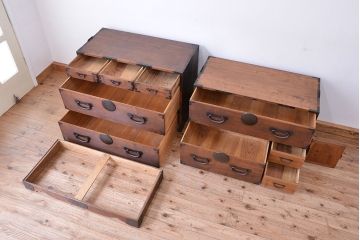 アンティーク家具　古民具・骨董　三方桜材!特別注文造りの重ね時代箪笥