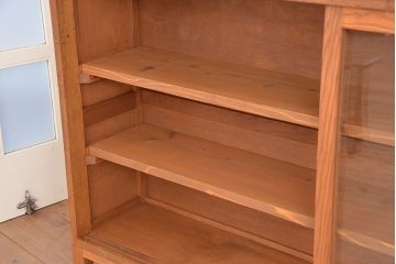 アンティーク家具　1970年代　古い学校の脚付き薄型ガラス収納棚(食器棚、本棚、飾り棚)