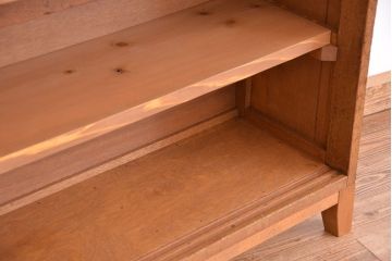 アンティーク家具　1970年代　古い学校の脚付き薄型ガラス収納棚(食器棚、本棚、飾り棚)