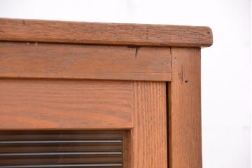 アンティーク家具　1970年代　古い学校の鉄脚薄型モールガラス収納棚(食器棚・本棚)