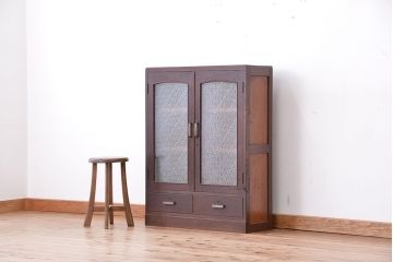 アンティーク家具　★アンティーク　古い木の引出し付ダイヤガラス扉の本箱(収納棚)