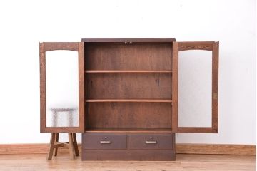 アンティーク家具　★アンティーク　古い木の引出し付ダイヤガラス扉の本箱(収納棚)