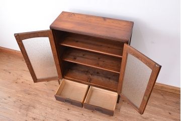 アンティーク家具　★アンティーク　古い木の引出し付ダイヤガラス扉の本箱(収納棚)