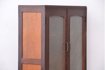 アンティーク家具　★アンティーク　古い木の引出し付ダイヤガラス扉の本箱(収納棚)