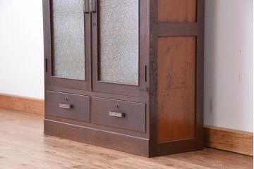 アンティーク家具　★アンティーク　古い木の引出し付ダイヤガラス扉の本箱(収納棚)