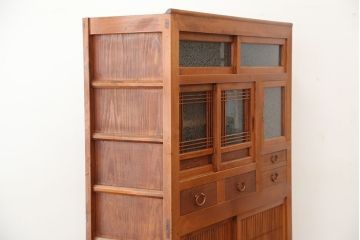 アンティーク家具　古民具・骨董 美しい作りの結霜ガラス戸 四尺水屋箪笥(食器棚/収納棚)