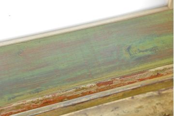 中古　アジアンアンティーク調　チーク材のペンキの剥げたガラス収納棚(キャビネット)