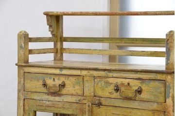 中古　アジアンアンティーク調　チーク材のペンキの剥げたガラス収納棚(キャビネット)