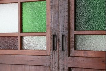 大正ロマン　古いお屋敷の色ガラス入り帯戸4枚セット(ガラス帯戸、ダイヤガラス)
