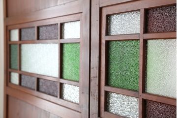 大正ロマン　古いお屋敷の色ガラス入り帯戸4枚セット(ガラス帯戸、ダイヤガラス)