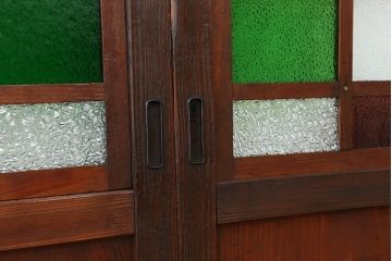 大正ロマン　古いお屋敷の色ガラス入り帯戸4枚セット(ガラス帯戸、ダイヤガラス)