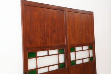 古民具・骨董　古いお屋敷の色ガラス入り帯戸2枚セット(ガラス帯戸、ダイヤガラス/モールガラス/引き戸)(ガラス戸)