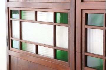 古民具・骨董　古いお屋敷の色ガラス入り帯戸2枚セット(ガラス帯戸、ダイヤガラス/モールガラス/引き戸)(ガラス戸)