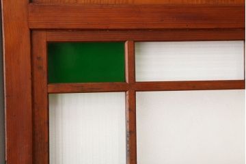 古民具・骨董　古いお屋敷の色ガラス入り帯戸2枚セット(ガラス帯戸、ダイヤガラス/モールガラス/引き戸)(ガラス戸)