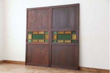 大正ロマン　2色使い色ガラス入りガラス帯戸2枚セット(ダイヤガラス/引き戸/建具)(ガラス戸)